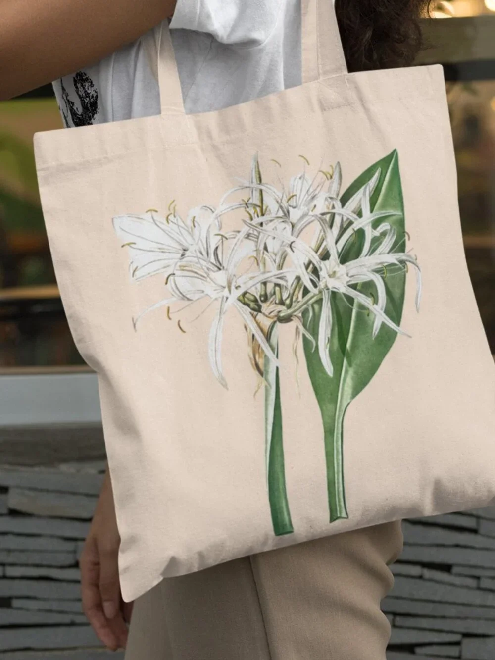 Green-Tinged Spiderlily Vintage Floral Print Graphic Canvas Tote Bag